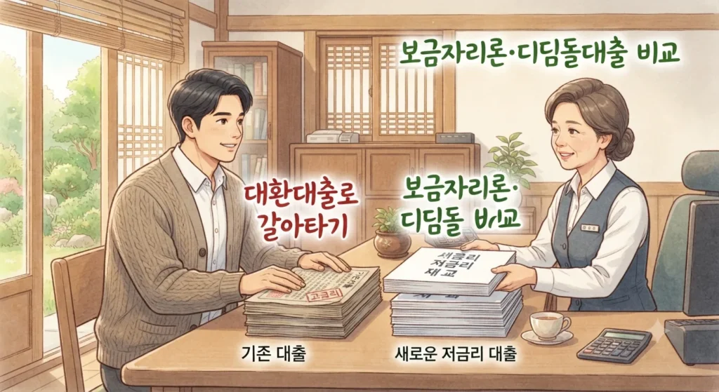 주택담보대출 금리 비교 방법을 활용한 대환대출 실행 가이드를 보여주는 지브리풍 일러스트