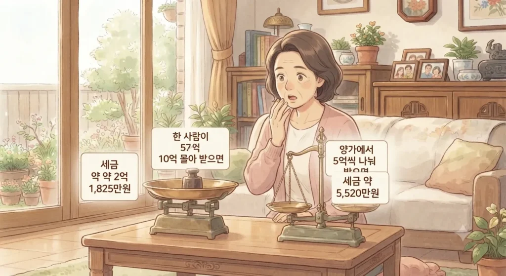 증여세 계산 시 한 사람이 몰아 받는 것보다 나눠 받는 것이 6,300만원 유리하다는 것을 보여주는 지브리풍 일러스트