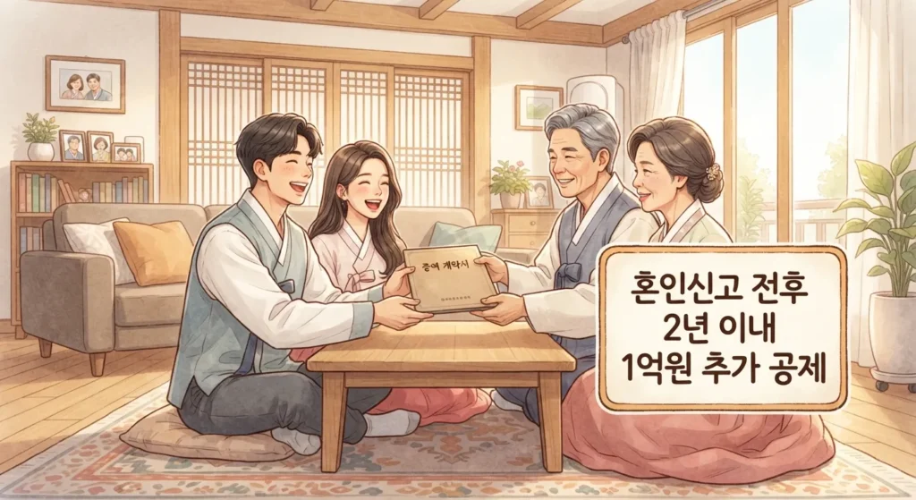 증여세 계산 시 혼인공제를 활용해 세금을 줄이는 신혼부부의 모습을 보여주는 지브리풍 일러스트