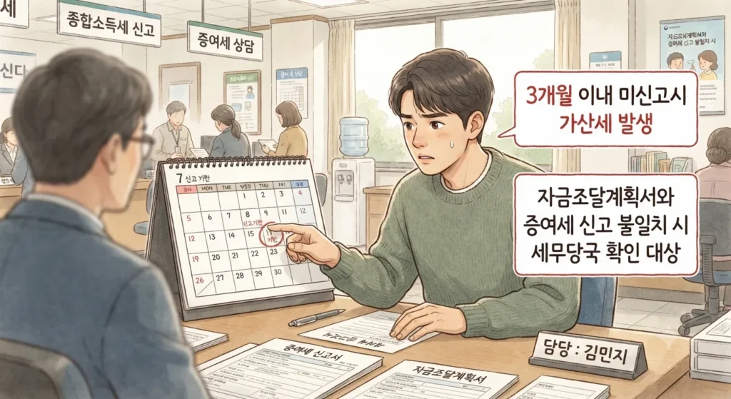 증여세 계산 후 신고 기한을 놓치면 발생하는 위험을 보여주는 지브리풍 일러스트