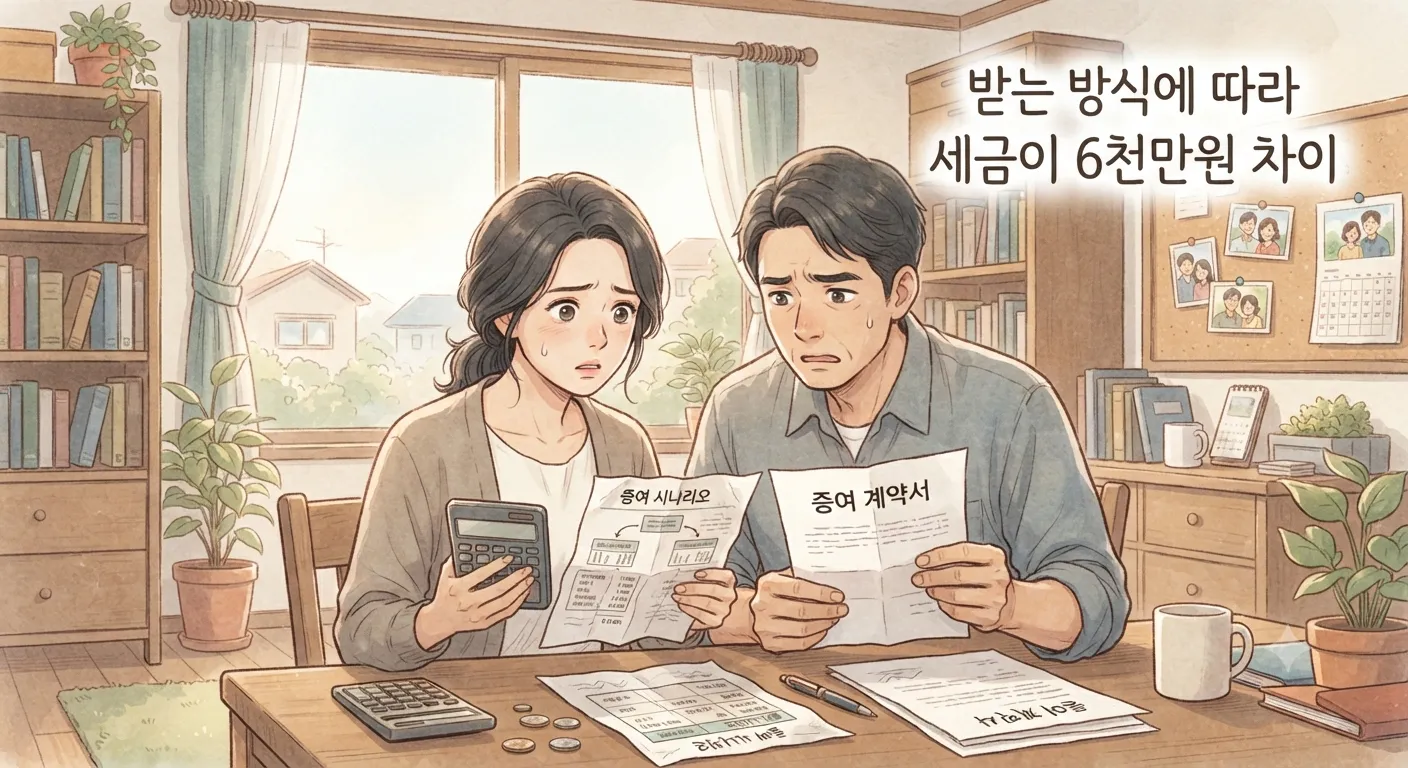 증여세 계산을 받는 방식에 따라 비교하는 부부의 모습을 담은 지브리풍 일러스트