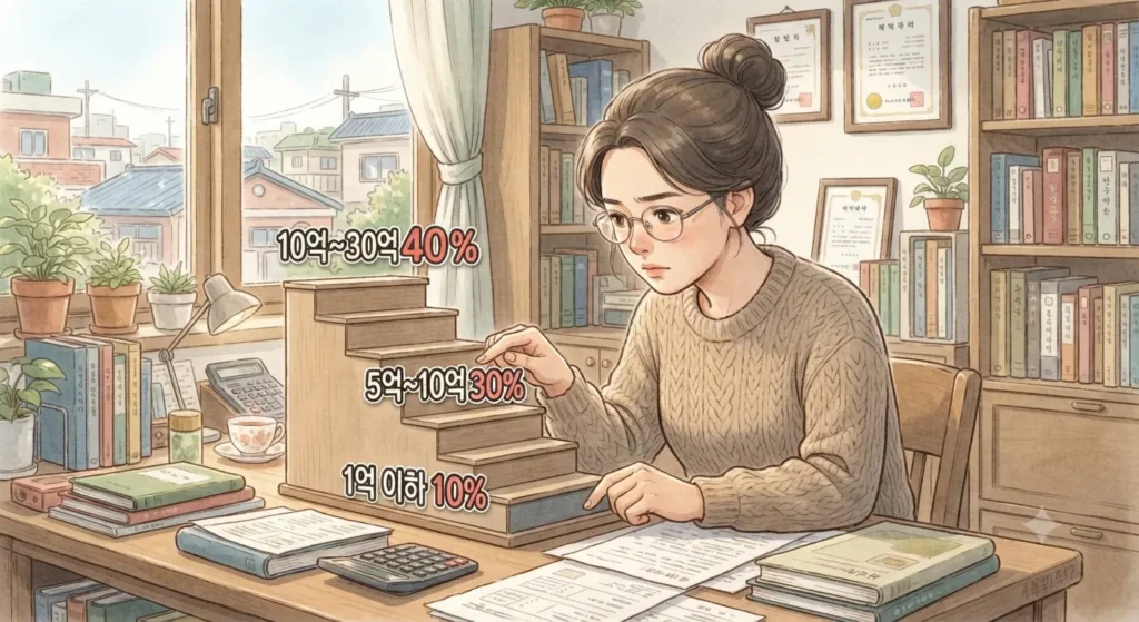 증여세 계산의 기본이 되는 5단계 누진세율 구조를 보여주는 지브리풍 일러스트