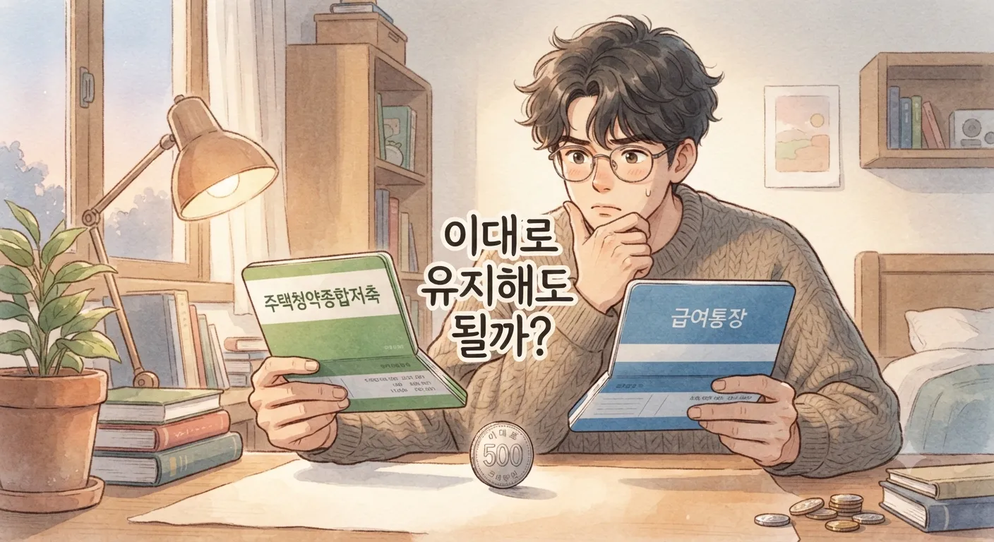 청년미래적금 vs 청년도약계좌 중 만기까지 유지할지 고민하는 청년의 모습을 담은 지브리풍 일러스트