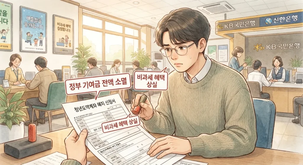 청년미래적금 vs 청년도약계좌 중도 해지 시 정부 기여금 손실을 보여주는 지브리풍 일러스트