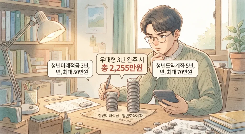 청년미래적금 vs 청년도약계좌 핵심 비교 3가지와 실제 만기 금액 계산을 보여주는 지브리풍 일러스트