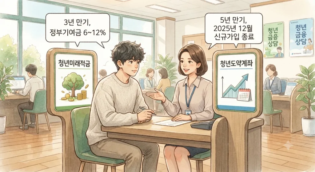 청년미래적금 vs 청년도약계좌의 정확한 상품 구조 차이를 보여주는 지브리풍 일러스트