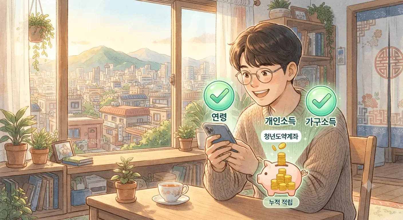 청년미래적금 조건 3가지 자격 요건을 확인하는 청년의 모습을 담은 지브리풍 일러스트