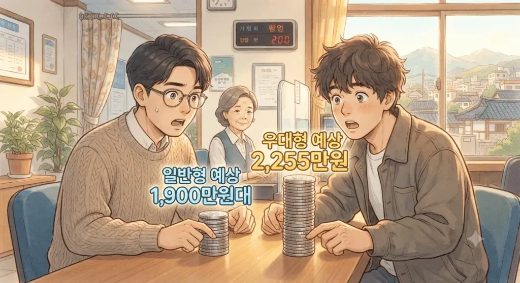청년미래적금 조건 중 일반형과 우대형의 만기 수령액 차이를 비교하는 지브리풍 일러스트