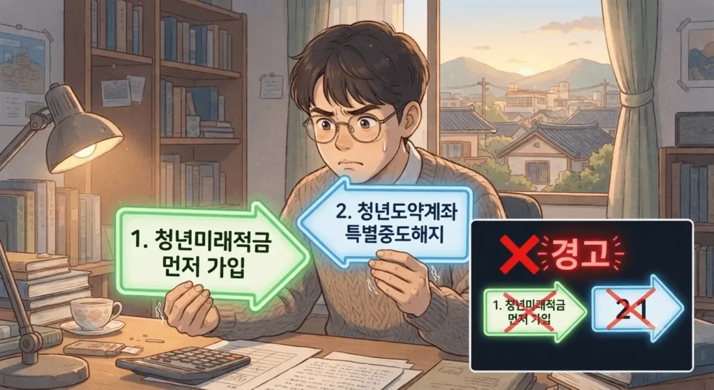 청년미래적금 조건 충족 후 청년도약계좌로 갈아탈 때 지켜야 할 순서 주의사항을 보여주는 지브리풍 일러스트
