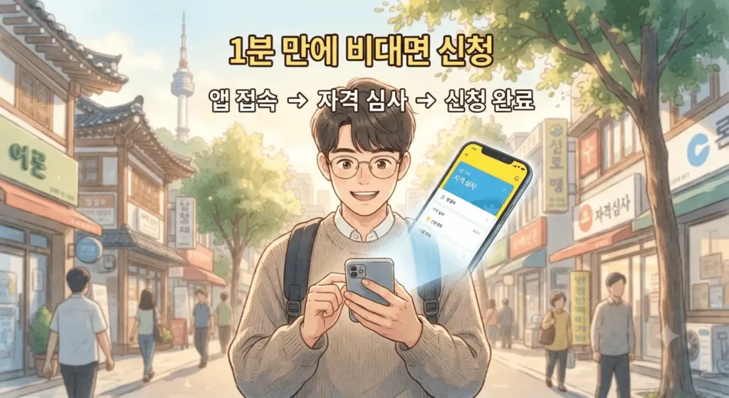 청년미래적금 조건 확인 후 모바일 앱으로 1분 만에 신청하는 과정을 보여주는 지브리풍 일러스트