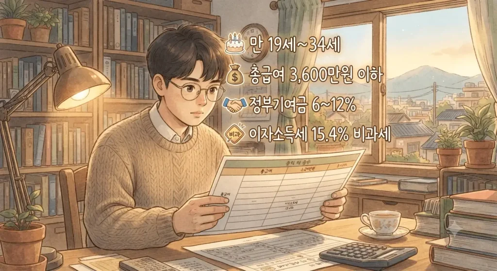 청년미래적금 조건과 혜택을 한눈에 정리한 요약 표를 보여주는 지브리풍 일러스트