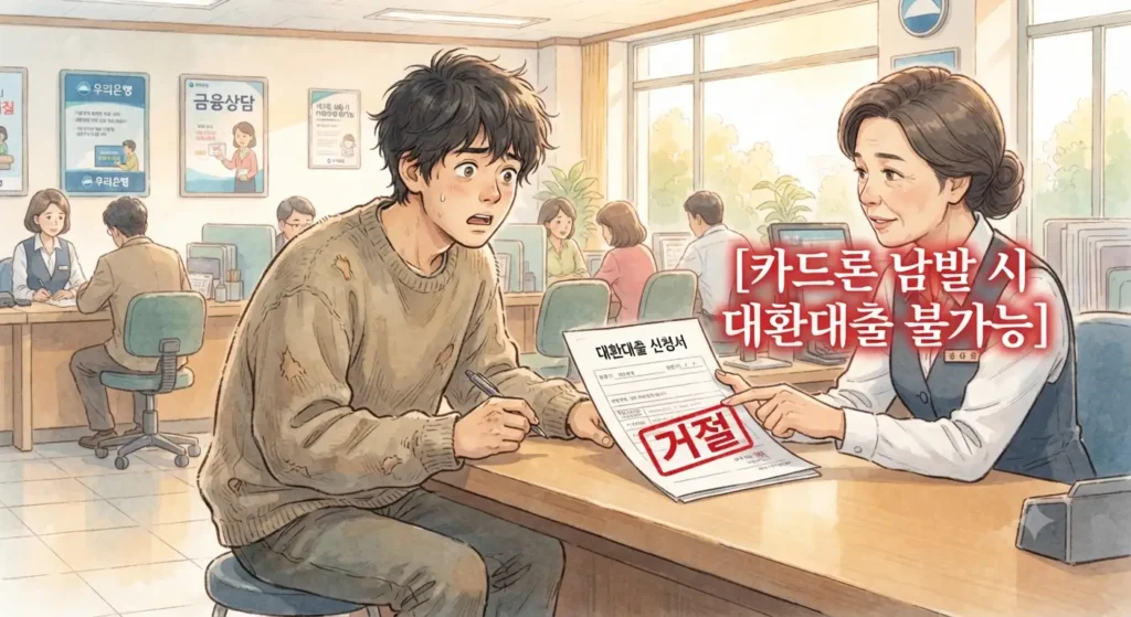 카드론 vs 신용대출 차이가 신용점수와 대환대출 가능 여부에 미치는 영향을 보여주는 지브리풍 일러스트