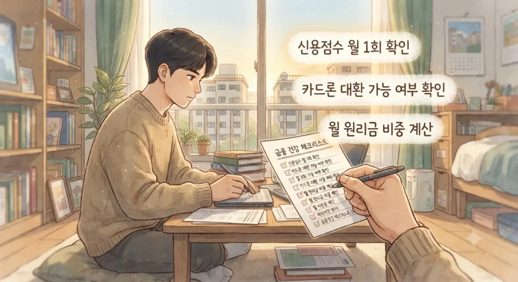 카드론 vs 신용대출 차이를 관리하기 위한 전문가 체크리스트를 보여주는 지브리풍 일러스트