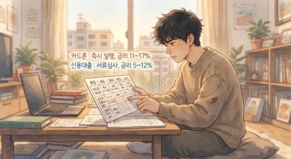 카드론 vs 신용대출 차이를 신청절차, 금리, 한도, 신용도 영향으로 비교하는 지브리풍 일러스트
