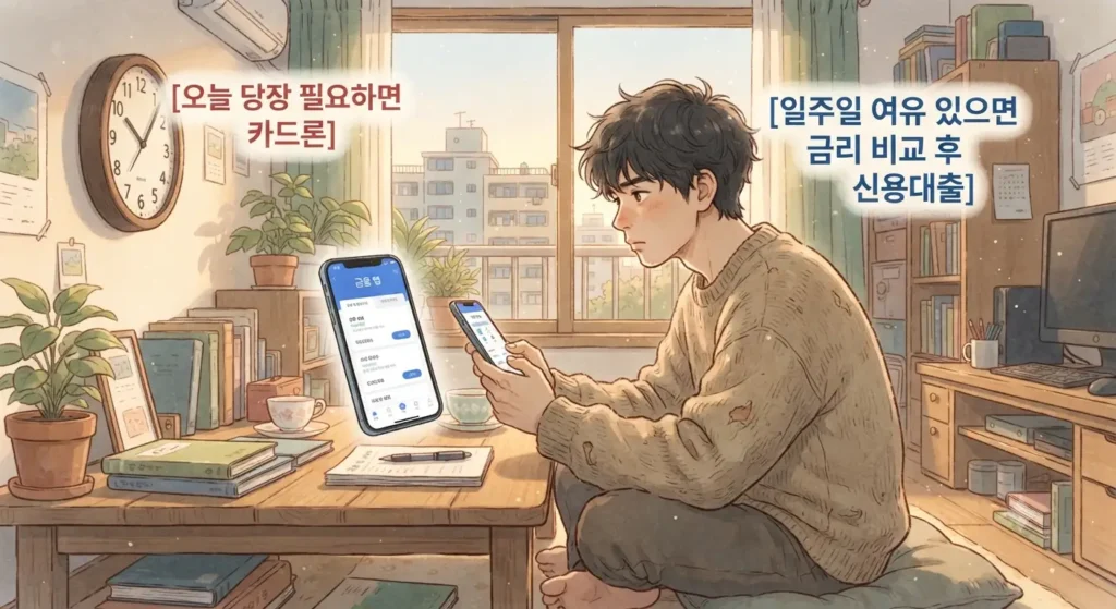 카드론 vs 신용대출 차이에 따라 상황별 자금 조달 전략을 선택하는 모습을 보여주는 지브리풍 일러스트