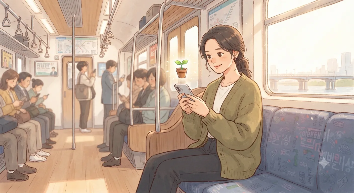 케이뱅크 돈나무 키우기를 출근길에 스마트폰으로 하는 모습