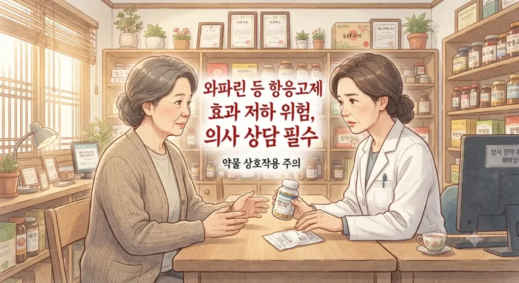 코엔자임Q10 효능 섭취 시 항응고제와의 상호작용 주의사항을 보여주는 지브리풍 일러스트