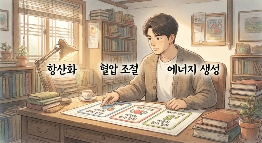 코엔자임Q10 효능 중 식약처가 공식 인정한 기능성을 구분해서 보여주는 지브리풍 일러스트