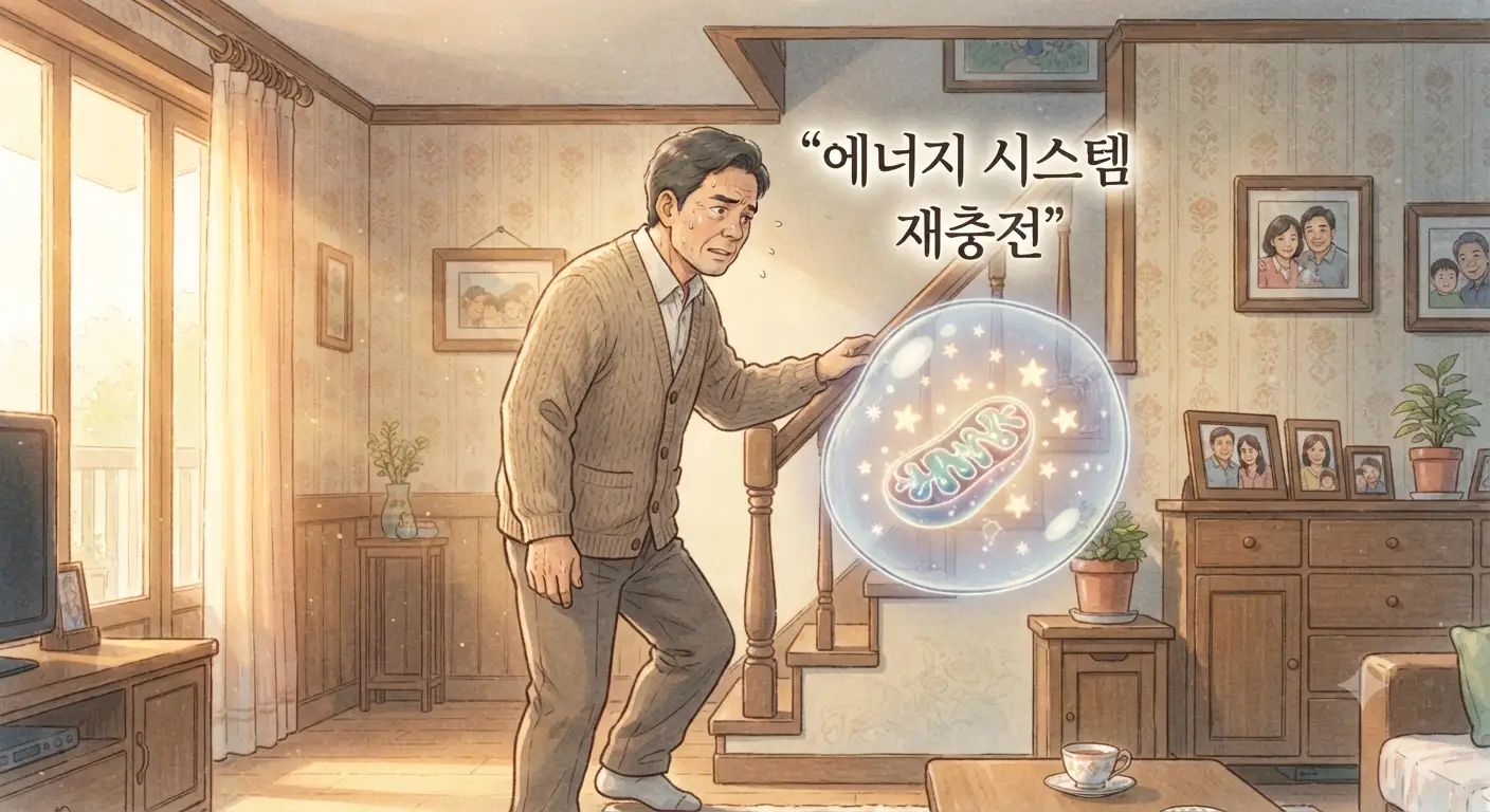코엔자임Q10 효능으로 만성 피로를 개선하는 모습을 담은 지브리풍 일러스트