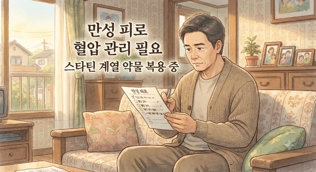 코엔자임Q10 효능을 볼 확률이 높은 복용 대상 체크리스트를 보여주는 지브리풍 일러스트