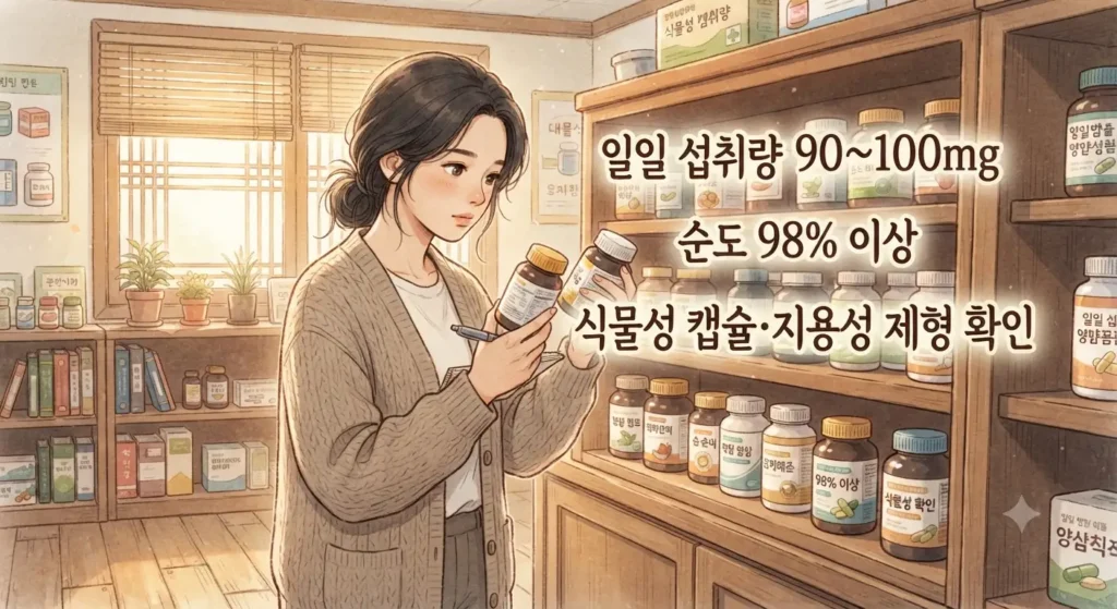 코엔자임Q10 효능을 제대로 누리기 위한 고품질 영양제 선택 기준을 보여주는 지브리풍 일러스트