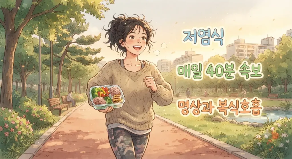 혈압약 끊는 법 성공을 위한 저염식과 운동 등 생활 습관 재설계를 보여주는 지브리풍 일러스트