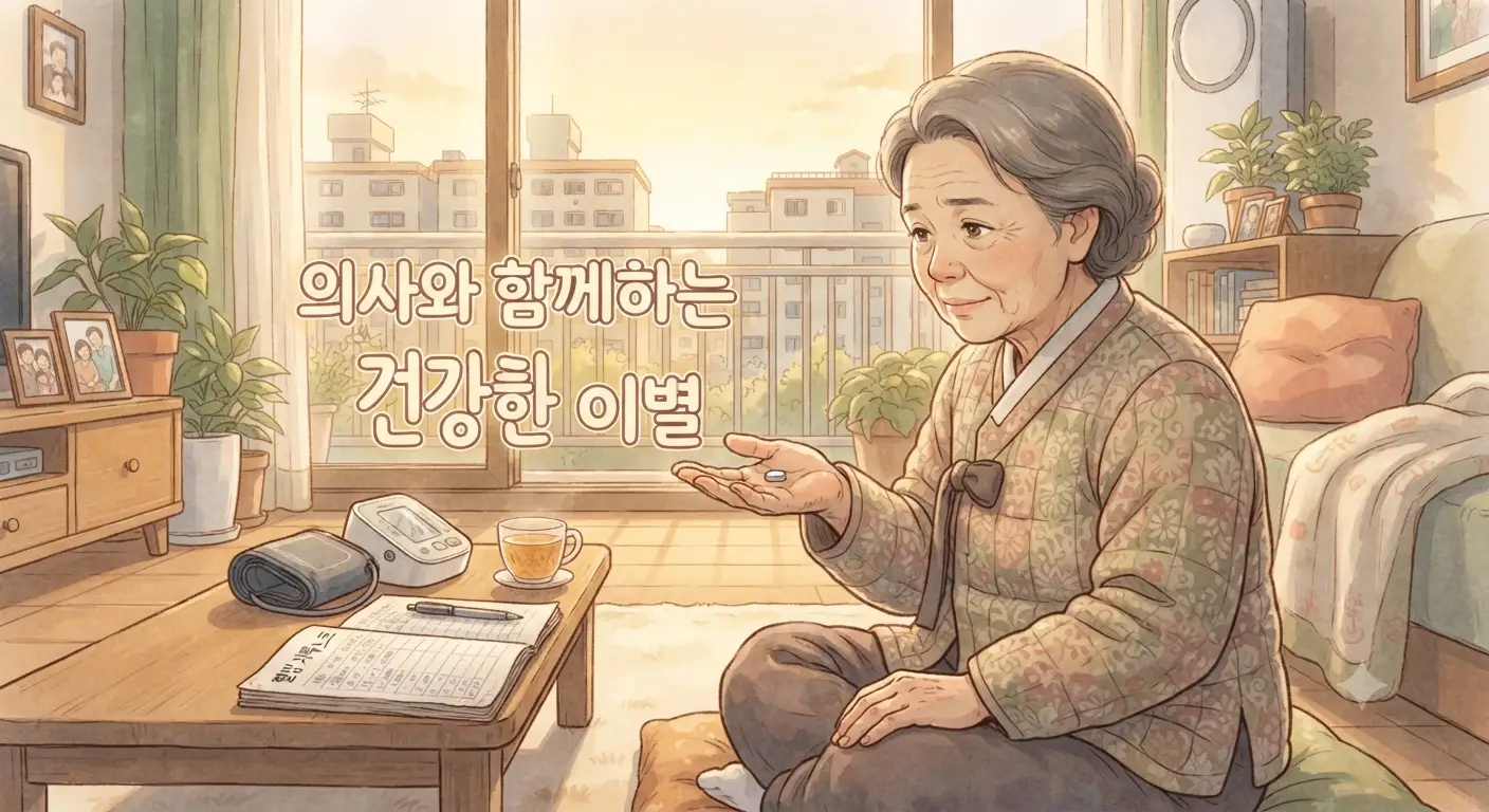 혈압약 끊는 법을 신중하게 고민하는 인물의 모습을 담은 지브리풍 일러스트