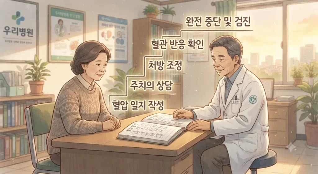 혈압약 끊는 법을 위한 안전한 5단계 로드맵을 보여주는 지브리풍 일러스트