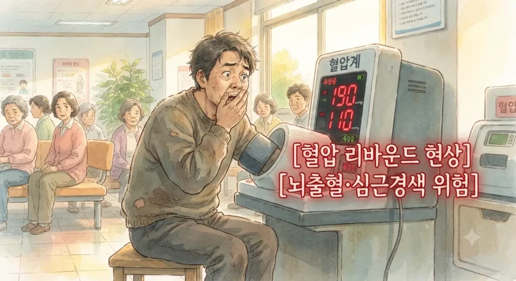 혈압약 끊는 법을 임의로 시도했을 때 발생하는 혈압 리바운드의 위험을 보여주는 지브리풍 일러스트